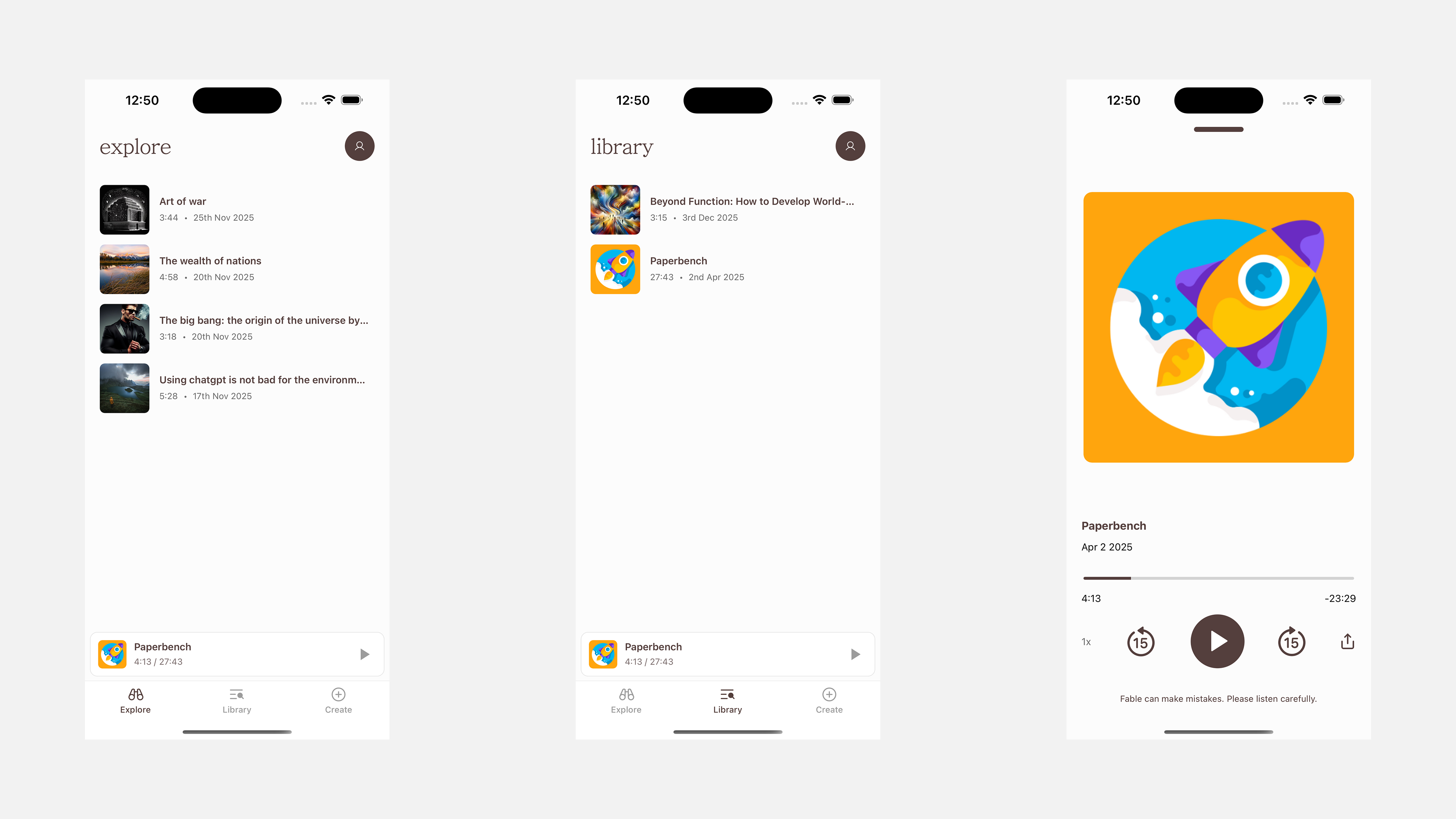 3 Iphone screensots of the fable app two showing a list of podcasts and the last one a audio player