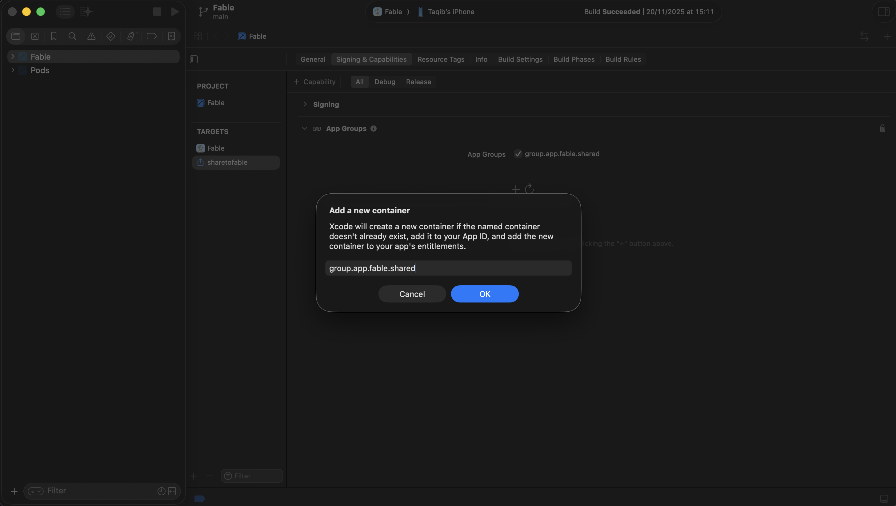 a screenshot of xcode showing an open modal with an input and two buttons first one saying cancel and the second ok