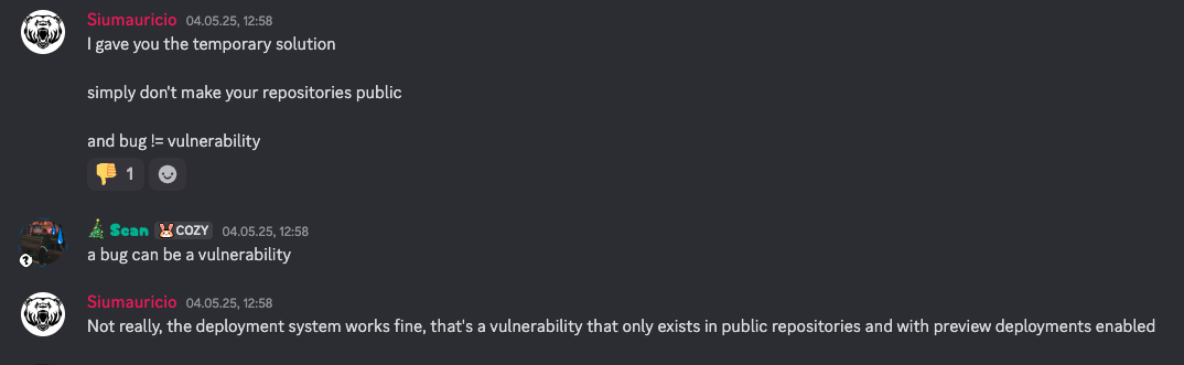 Discord messages from the Dokploy creator stating that a bug isn't a vulnerability